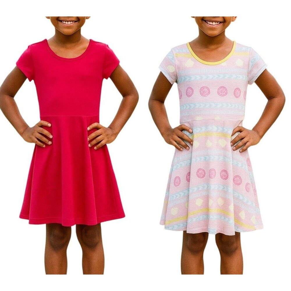 Wonder Nation Girls XS (4/5) Cap Sleeve Play Dresses Set Of 2 Pink & Printed